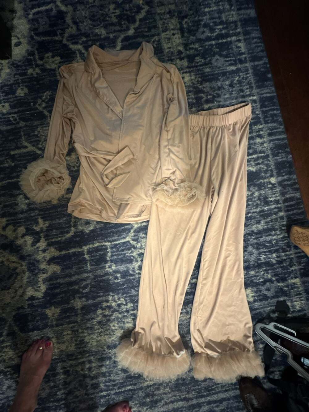 Women's Nude Satin Button-Down Pajama Set with Tulle Feather-Style Trim